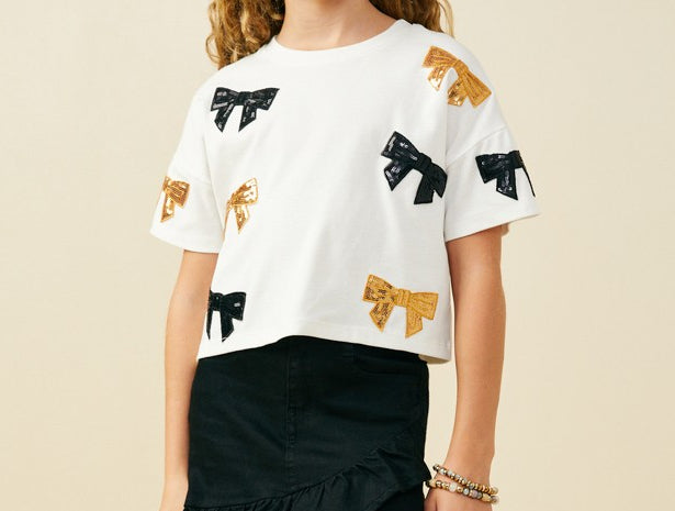 Sequin Bow T Shirt - Gold & Black