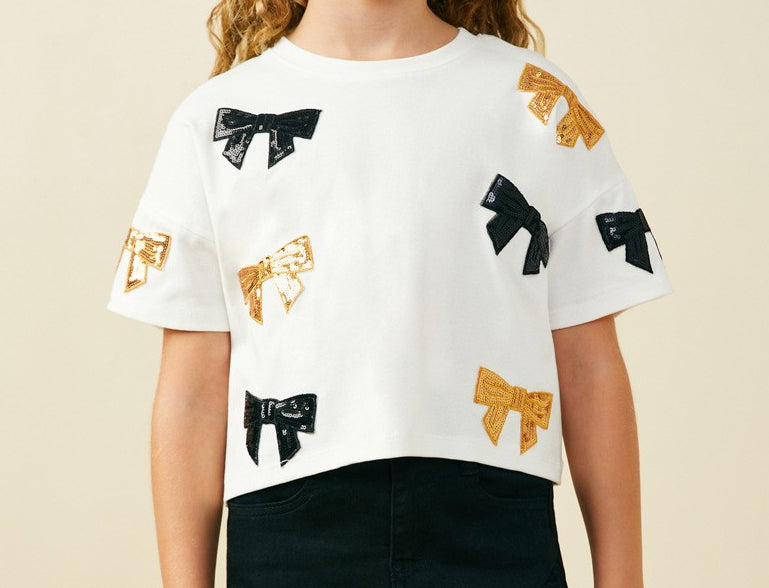 Sequin Bow T Shirt - Gold & Black